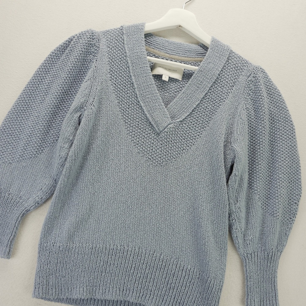 Brochu Walker Saskia Vee Blue Cotton Wool Puff Sleeve V-Neck Sweater BGS3782 S